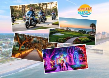 Collage showing 5 things to do in Myrtle Beach SC: Fall Bike Week motorcycles, Brookgreen Gardens candlelit paths, MarshWalk boardwalk sunrise, golf course, and holiday light displays