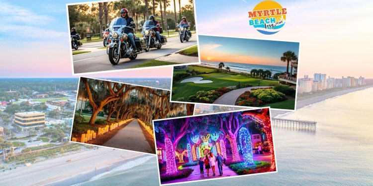 Collage showing 5 things to do in Myrtle Beach SC: Fall Bike Week motorcycles, Brookgreen Gardens candlelit paths, MarshWalk boardwalk sunrise, golf course, and holiday light displays