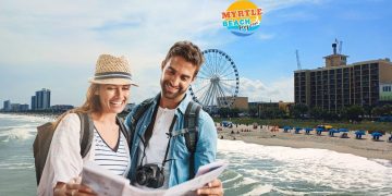 Year-round Myrtle Beach activities including beach boardwalk, holiday light displays, country music festival, motorcycle rally, and fall festivals representing the ultimate Myrtle Beach bucket list