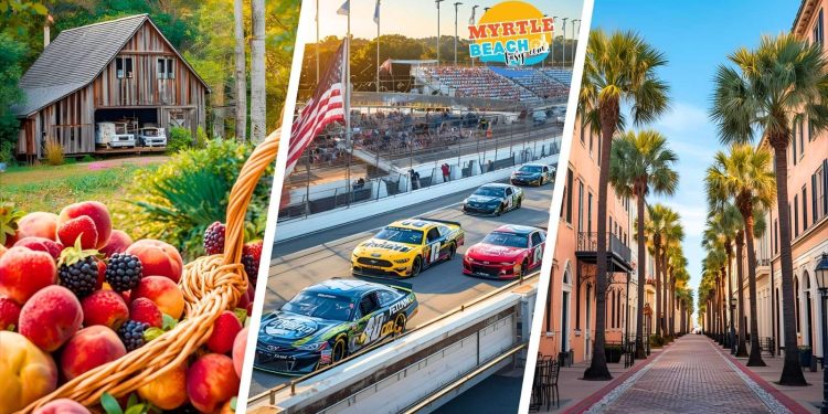 Day trips from Myrtle Beach featuring McLeod Farms, Darlington Raceway, and historic Charleston attractions