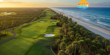 Aerial sunrise view of championship golf course in Myrtle Beach showing pristine fairways, greens, and coastal backdrop - complete guide to Grand Strand golf courses