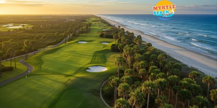 Aerial sunrise view of championship golf course in Myrtle Beach showing pristine fairways, greens, and coastal backdrop - complete guide to Grand Strand golf courses