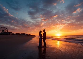 Couple watching romantic sunrise over Myrtle Beach with SkyWheel in background