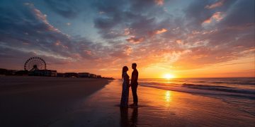 Couple watching romantic sunrise over Myrtle Beach with SkyWheel in background